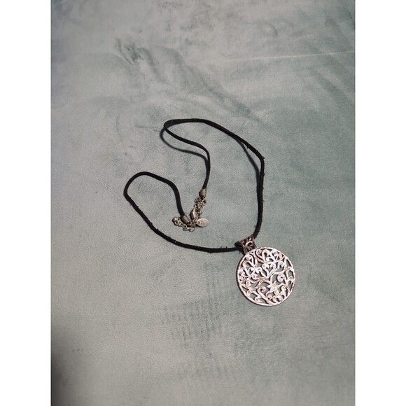 Lia Sophia Vintage Black Chord Necklace with Round Embellished Silver Charm - Picture 1 of 3